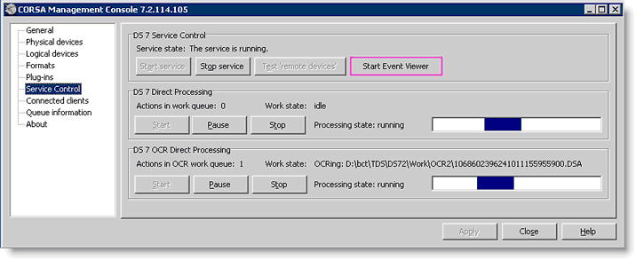 De knop om de Event Viewer vanuit de Corsa Management Console te starten, is te vinden op tabblad Service Control