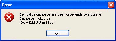 Melding die verschijnt als de database niet slaagt voor de CRC check