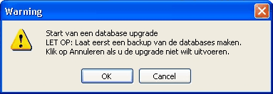 Startmelding: u wordt geadviseerd om eerst een back-up van de database te maken